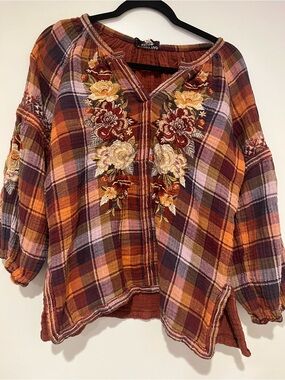 Johnny Was Plaid Embroidered Peasant Top - Rust, Purple, Cream